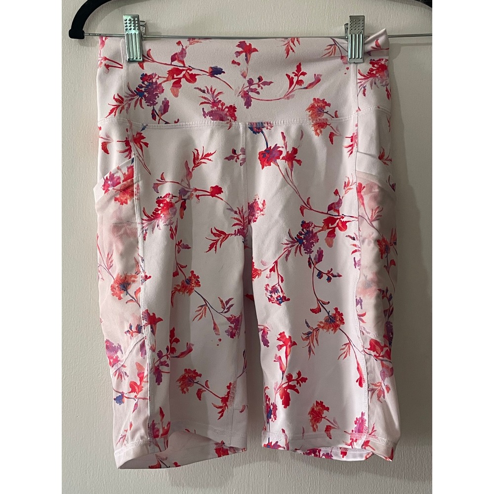 Fabletics PowerHold‎ Floral Biker Shorts Womens Small White Pink Mesh Pockets